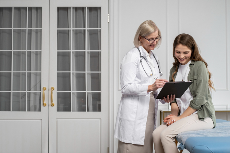 female doctor with female patient in doctor's office